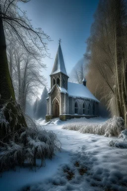 A super high-resolution 2 terapixel photograph of an abandoned church in January. The scene captures the intricate frost formations on the churg and the surrounding trees, with a gentle snowfall adding to the winter wonderland effect. The dim winter light creates a mystical ambiance around the bus formations. Captured with a Nikon Z7 II and a 24-70mm f/2.8 lens, focusing on the serene, frozen beauty of the park.