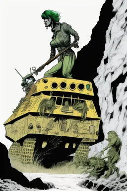 Digital illustration of horror genre comic book cover from the 1980s, giant larger than life skeleton picks up tiny humans as they try to run away from inside the cave, macabre, gorey, 1970s illustration art style, absurdist.giant green military tank behind her, color pencils, ink, counter culture, dystopian, retro futuris. 90s riot girl look, punk aesthetics, collage, psychedelic, grime, textured, mixed media with a british pop culture influence, maximalism, feminist icon,