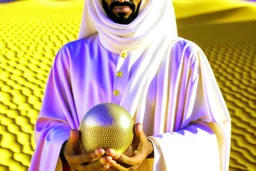 A sheikh dressed in Arab dress holds a palm-sized pearl, silky and shimmering in the desert sunlight.