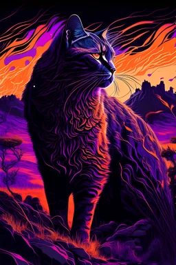 majestic big beauty cat, psychedelic, violet and black, orange colors tones, random landscape