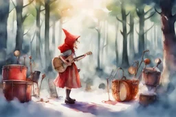 watercolor and ink, Stage, stand-up microphone, drums, guitars, speakers, forest, Hansel and Gretel, Snow White walking with Robin Hood, midwife with an iron nose, Little Red Riding Hood with a basket on her arm, wolf horn on her head in sunshine, ethereal, cinematic postprocessing, bokeh, dof