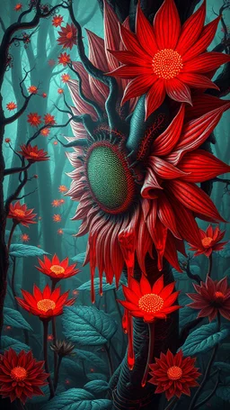 Quintessential Horror Surrealism:A cyber-a sunflower catastrophic dimensional fission through Seedream 3D recursive rendering, fracturing into chaos Legion Doodle simultaneous nightmare realities while simultaneously occupying four perforated reality levels—manifests as a blood-drenched forest where trees weep crimson sap and bioluminescent fungi pulse with recursive Fibonacci patterns, surrounded by carnivorous flowers with fanged mouths dripping neon venom; mat