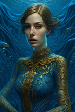 A woman wearing a blue dress and surrounded by underwater water, in the style of zbrush, golden age illustrations, intricate costumes, tattoo - inspired, detailed facial features, magewave, realistic hyper - detailed portraits