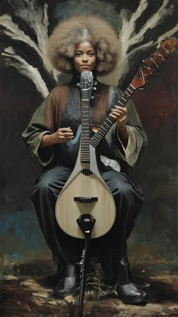 Hieronymus Bosch style , an black women with big curly hair playing the acoustic guitar