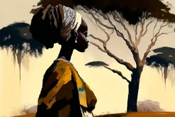 Design, African woman, oil painting, featureless, graphic, drawing without facial features, background, sky, trees, traditional clothes