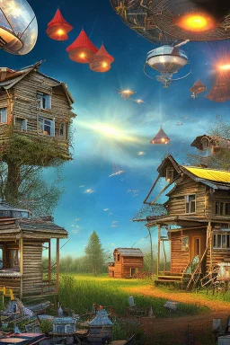 Omniscient Eye in the sky over rural hamlet shanty town shacks tar paper tin roof Apocalypse end times Biblical Depiction Hidden in plain sight Conspicuous scourge of mass mental surveillance Inside average American living room in use Satellite cameras Photo real Graphic illustration Orwellian Idyllic Suburban American