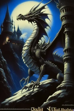 70s dark fantasy art, illustration of a black dragon in a castle
