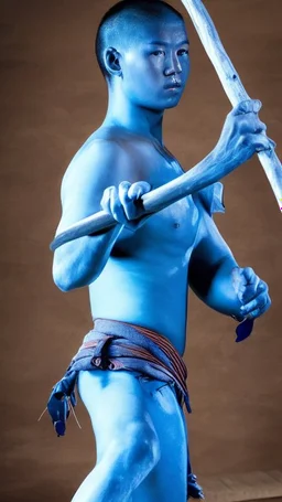 A young male water genasi with deep blue skin color, water shape dred hair on head. Shaolin monk with long stick weapon, kung fu master, martial art