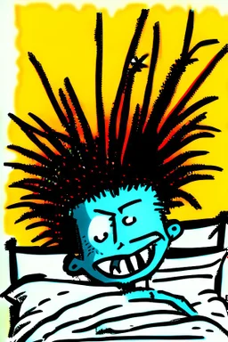 2d drawing of a stickman, laying in bed, cool with punk hair, just woke up, excited, smiling ,3d realistic in colour