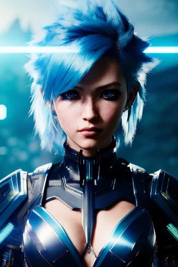 Cyborg anime warrior, light blue hair, blue eyes, waist up portrait, 8k resolution, intricate details, ornate details, soft lighting, vibrant colors, retroanime, masterpiece, intricate eyeliner, dark eyeshadow, eyes, intricate tattoos, jungle background,