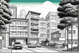 Architectural drawing of an urbanization of modern two-story houses, streets, trees, people and cars