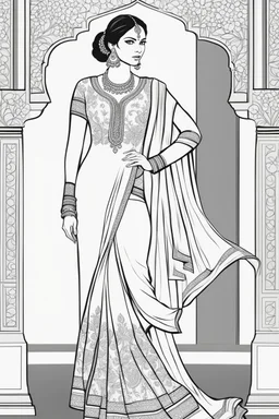 Coloring page for adults of a elegant fashion model woman wearing hindi dress, dynamic poses, full body portrait, thick and clean lines, clean details, no-color, no-turban, no-background, non color, non shading, no-grayscale, dynamic poses, full body portrait, thick and clean lines, clean details, no-color, no-turban, , non background, non color, non shading, no-grayscale, no color hair