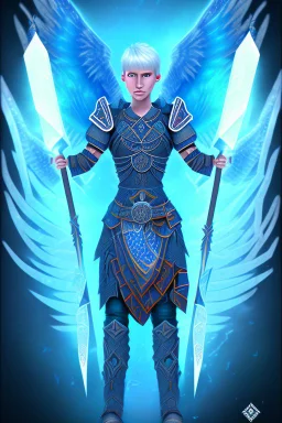 a person in runic armor with blue wings, blue short hair, runic tattoo and spell book