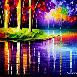 Night raining purple reflections lake trees acrylic abstract leonid afremov