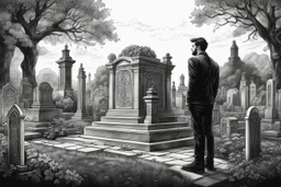 Man standing a front of his mom grave in Cemetery in 8k tattoo drawing style, intricate details, highly detailed, high details, detailed portrait, masterpiece,ultra detailed, ultra quality