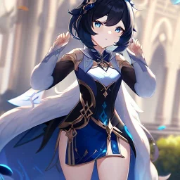 Clear focus,High resolution, Black short fluffy hair, and blue eyes, wearing a Genshin Impact inspired outfit, detailed clothes,must be wearing a short skirt