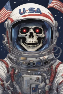 A close up of a skeleton face looking shocked, in an astronaut helmet and suit floating in space. inside the hollow eyes are red shining lights, scary. On his suit is an American flag and in his one hand is a small wavering American flag, on it is written "boned in the USA". From the back of his suit is blowing out blue, white and red smoke. Realistic, 8k, highly detailed, funny