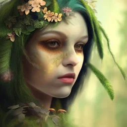 Portrait of beautiful girl, plant, metal, feathers, Dryad, fae, sidhe, ominous, nature, plants, wildflower, facepaint, dnd character portrait, intricate, oil on canvas, masterpiece, expert, insanely detailed, 4k resolution, retroanime style, cute big circular reflective eyes, cinematic smooth, intricate detail , soft smooth lighting, soft pastel colors, painted Renaissance style, 800mm lens