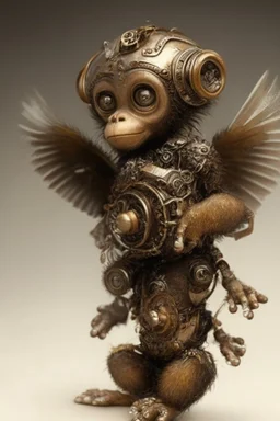 small cute steampunk mechanical monkey, made of metal with mechanical wings, cute hands and feet