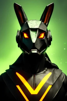 Medium Close Up Portrait, Front image. cyberpunk, rabbit mask helmet, strong man, titanium hair. Latex suit. Black, yellow, color. Rocketer style. Color background, photo studio. Avatar image, highly detailed, concept art, smooth, unreal engine 5, ray tracing, RTX, lumen lighting, ultra detail, volumetric lighting, 3d, finely drawn, high definition, high resolution.