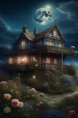 cozy house, by the sea, the moon is beautiful, the garden of flowers is realistic, aesthetically pleasing, beautiful, professional photo, 4k, high detail, 30mm lens, 1/250s, f/2.8, ISO 100, bright lighting, dim lighting painted with colored pencils: ,horror. Fractal, surreal, careful drawing of details, clear outline, photorealism, botanical style, curls, smoke, beautiful, realistic, high resolution, Pinterest.