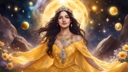 a beautiful dark haired girl with brown eyes, wearing a yellow dress, surrounded by celestial bodies, stones and jewels. magic environment with sunlight, nebulas and flowers. Warm smile on her face, wearing a tiara