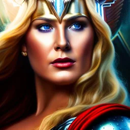 Ultra detailed fullbody Portrait in oil on canvas of beautiful busty Female THor,intense stare,extremely detailed digital painting, extremely detailed face,crystal clear Big eyes, mystical colors ,perfectly centered image, perfect composition, rim light, beautiful lighting,masterpiece,8k, stunning scene, raytracing, anatomically correct, in the style of robert e howard and Ken Kelley and Ohrai Noriyoshi and Simon Bisley and tomzj1