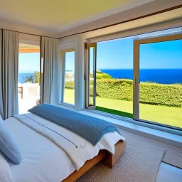 une chambre à coucher de luxe de 4 x 3.2 metres, avec une grande baie vitrée de 2.7 metres, avec vue sur jardin avec la mer en bas du jardin au dessus d'une petite falaise.