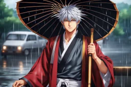 Gintoki in 8k 2D anime realistic drawing style, Gintama costum, close picture, rain, japan, highly detailed, high details, detailed portrait, masterpiece,ultra detailed, ultra quality