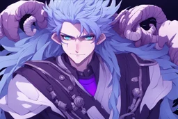 anime man with ram horns, fangs, messy purple hair and blue eyes