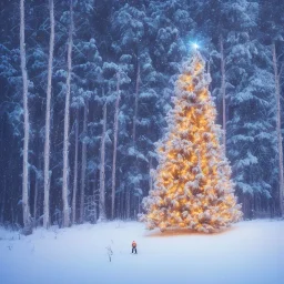 Huge lonely Christmas tree full of lights in a dark snowy forest, warm glow, small human standing next to it, dramatic scène