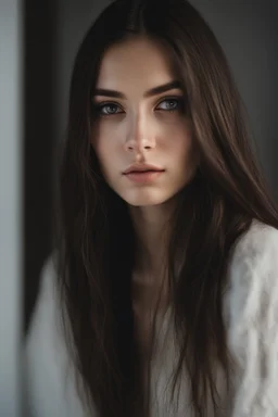 An incredibliy detailed medium shot macro shot of a 20 years old beautiful girl, long dark hair, an artistic portrait, detailed skin, detailed hair, facing to the camera, looking at the camera, dreamy mood, realistic, low aperture, bright image, Leica Q3, corner in the white room, white background, sunlight from the window, shadow of the window frame, golden hour