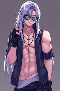 male cyberpunk solo with long hair tail, Norwegian, Wearing Leisureware and mirrored sunglasses, wearing gloves without fingers, lean, nice, anatomically correct hands, 90s Anime Style, Retroanime, Video Game Character,