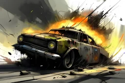 car explosion, punk car, paint markings on car, concept art