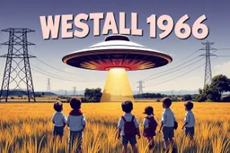 bumper sticker design, large flat ufo with small cap on top, in bold heading text "WESTALL 1966", lots of school children looking up in a field with high voltage powerline and gumtree's, mysterious cool, bold