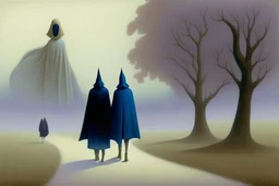 two people in capes and hoods seen from behind walking side by side in an empty foggy plain, above there is blue sky by artist "Leonora Carrington",by artist "Christian Schloe",by artist "Kay Sage"