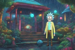 Rick in 8k realistic cartoon artstyle, neon effect, Rick and morty them, close picture, rain, fantasy world, intricate details, highly detailed, high details, detailed portrait, masterpiece,ultra detailed, ultra quality