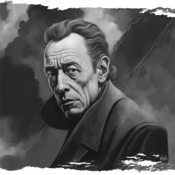 Artists leonardo Da Vinci and Michael Whelan and George Herriman unleash a captivating portrait illustration of Albert Camus, his wicked countenance dominating the canvas, clear eyes piercing through enveloping darkness, brilliantly grounded against the backdrop of an elusive nightmare, palpable textures, Whelan's distinctive visceral style, detailed line work, opulent shadows, hyperrealistic