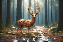 one deer in the forest a piece plastic waste on the floor, 16k, 3d rendering, expressively detailed, dynamic light,