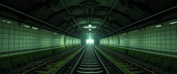 Inside the old subway tracks, . Low light and closed green moss walls. Like the original design of the game space ,digital art.landscape,far camera old painting,2 Chen and George Hopper, Rembrandt lighting, a dark green color scheme, ethereal light. --ar 13:16 --v 6. 0 metro game