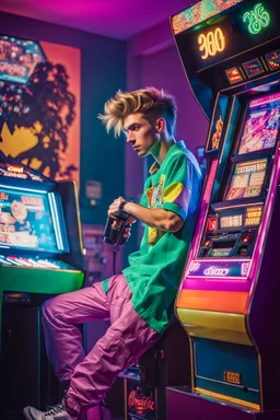 a millineal teenage boy is playing video arcade games, bright colored clothes from the 90s, hairstyles of that time