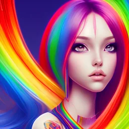‌A beautiful girl with very long and rainbow-shaped hair