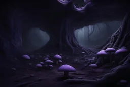 huge dark underground cave, Various purple mushrooms, a huge purple tree at the end of the cave, the roots spread all the way to the top, panoramic view, extremely high-resolution details, photographic, realism pushed to extreme, fine texture, incredibly lifelike perfect shadows, atmospheric lighting, volumetric lighting, sharp focus, focus on eyes, masterpiece, professional, award-winning, exquisite detailed, highly detailed, UHD, 64k,