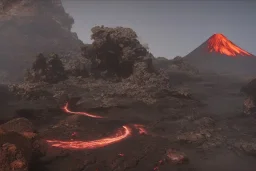 full landscape, volcano, stone temple, atmospheric, realistic, unreal engine, cinematic lighting, octane render.