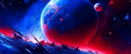 anime galactic space with destroyed earth in red, blue colours