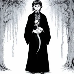 7 year old boy, necromancer, friendly, with a long lamprey emerging from his belly , wearing black robes, in the style of Harry Clarke