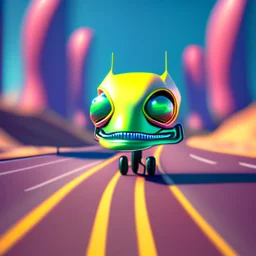 a cartoon alien driving a car down a road, a character portrait by Mike Winkelmann, featured on cgsociety, pop surrealism, rendered in cinema4d, daz3d, behance hd