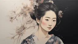 acrylic and line painting of a portrait a beautiful japanese lady mid-turn, bebd back,, slightly smiling, hair in bun, background adorned with dried flowers, dim lit.,chans