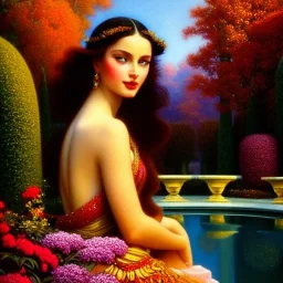 hyperdetailed oil on canvas, young Georgina Chapman by a temple fountain, beautiful, detailed face, long dark hair, surrounded by luminous colorful sparkles, airbrush, depth of field, Octane Render, by Gaspar Camps, Maxfield Parrish, Alphonse Mucha, Cyril Rolando, volumetric lighting, dusk, 16k