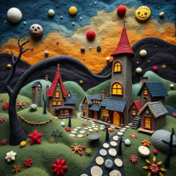 Photograph hasselblad h6d400c --ar 85:128 --v 6.0 of a fairy old bewitched village, made of felt, art, 3d deep field, Joan Miró, wide angle landscape scene, galaxies and planets, creepy, Max Ernst, needlepoint, abstract silhoutte, expressionist style, colorful holiday